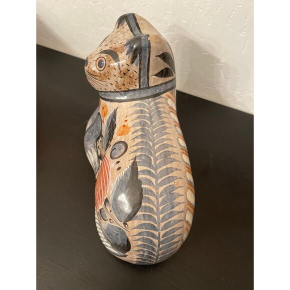 Vintage Tonala Artisan Cat Folk Art Burnished Pottery Ceramic Mexican Large - Picture 5 of 9